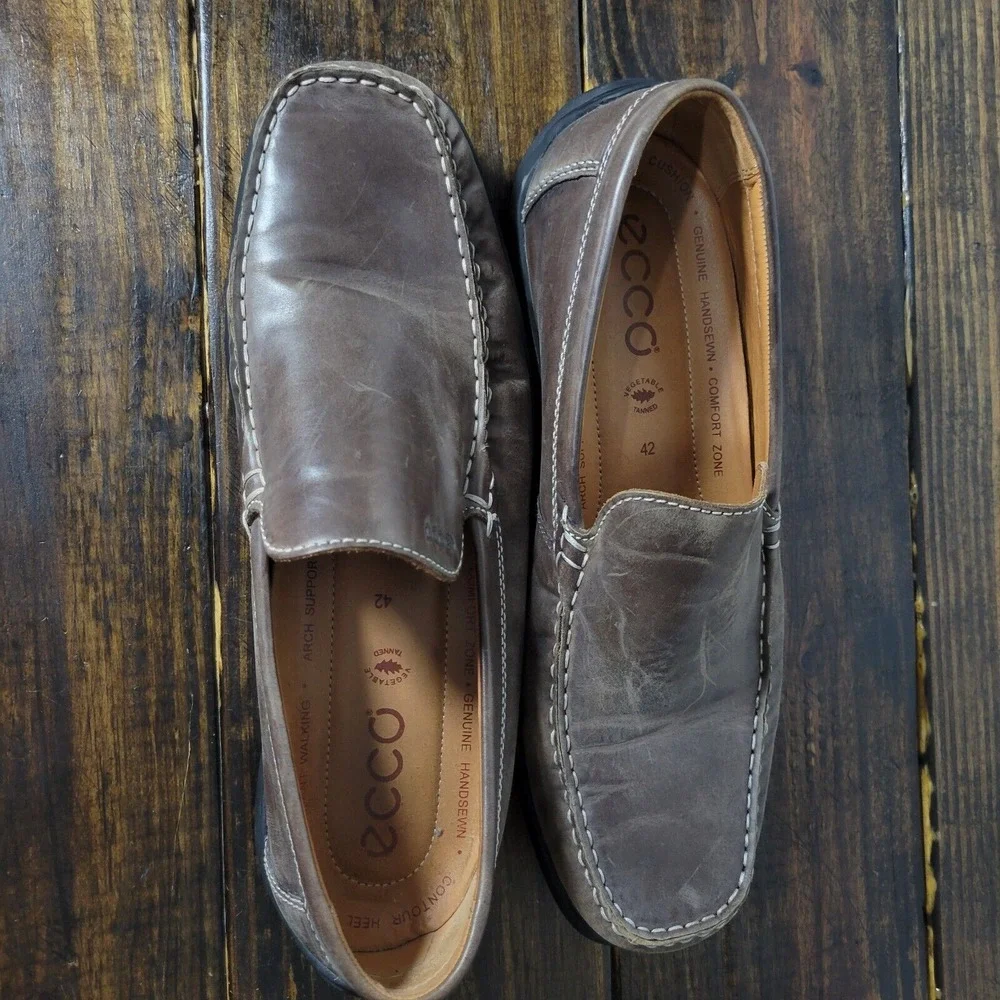 Ecco Men's‎ Driver Loafer Shoes Brown Leather LATEX Slip On Size EU42 / US 8-8.5